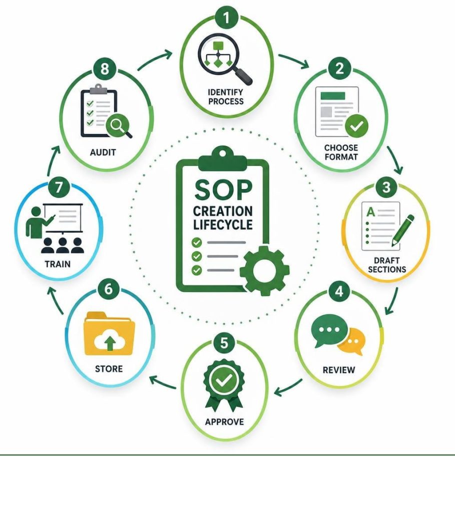 standard operating procedure template lifecycle diagram showing eight-step SOP creation process.