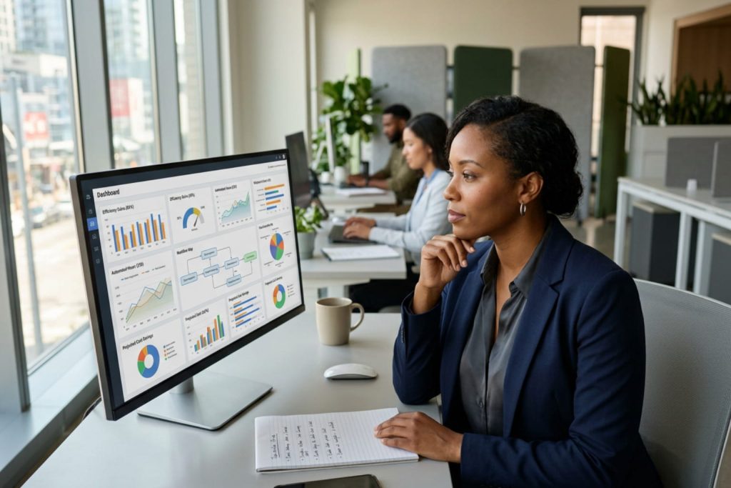 professional reviewing dashboard metrics beside a standard operating procedure template notebook.