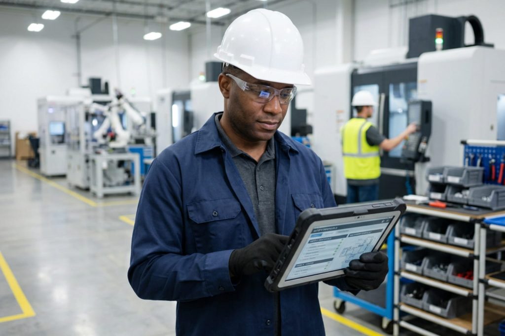 factory technician using tablet with a digital standard operating procedure template interface.