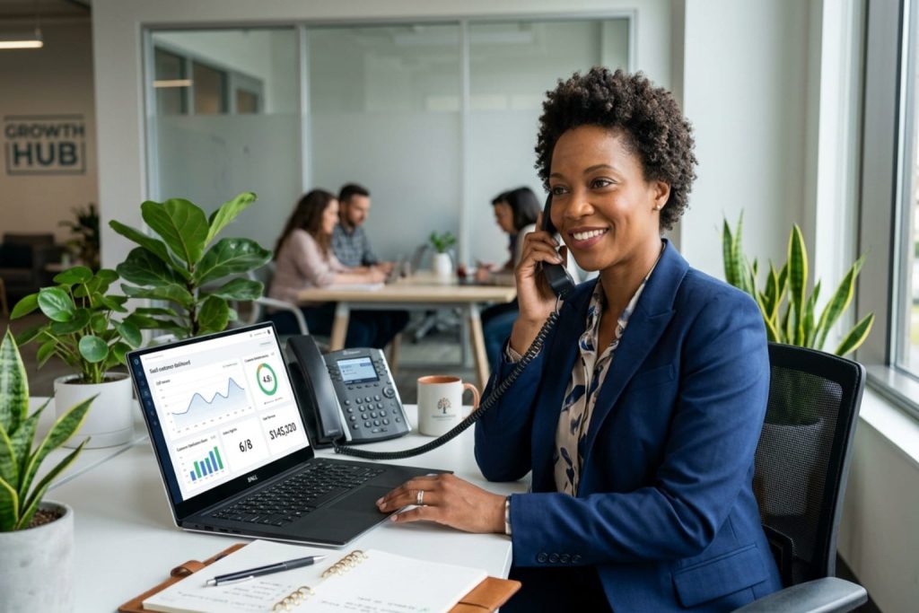 A professional woman multitasking with a phone and laptop, demonstrating modern telephone systems for small business in a modern office.
