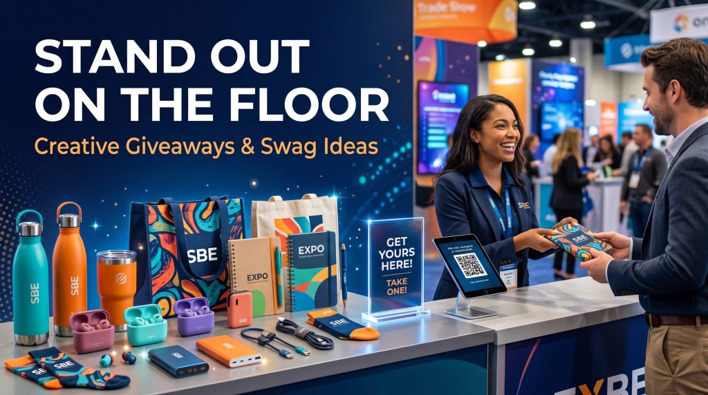 rade show giveaways display with branded bottles, bags, notebooks, and tech accessories at a busy expo booth.