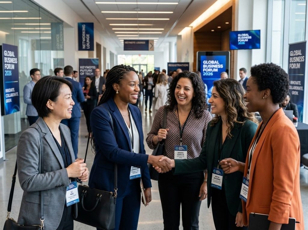 A group of diverse women at one of the women business networking events, with banners and signs highlighting event themes like innovation and collaboration.